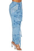 Denim Cargo with Rhinestone Joggers **NO STRETCH** by The House of Stylez