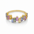 IGI Certified 1.02 Ct Baguette Multi Color Unheated Sapphire Prong 14K Yellow Gold Asymmetrical Engagement Ring by Fine Color Jewels