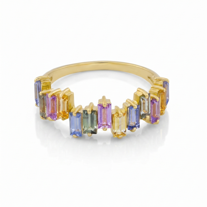 IGI Certified 1.02 Ct Baguette Multi Color Unheated Sapphire Prong 14K Yellow Gold Asymmetrical Engagement Ring by Fine Color Jewels