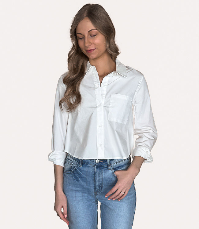 Long Sleeve Cropped Button Down - White by Boutique 23