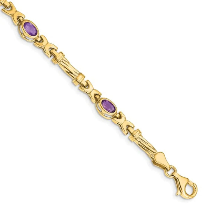 Oval Purple Amethyst Bezel 10K Yellow Gold Fancy Link Bracelet by Fine Color Jewels