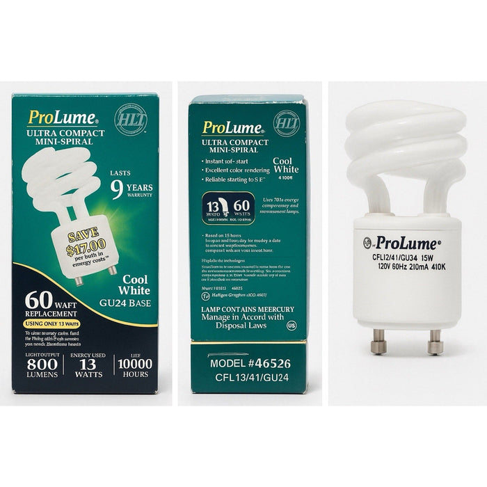 ProLume Ultra Compact Mini-Spiral CFL Bulb 13W = 60W Cool White 10000 HGU24 Base by Price Is Right Miami