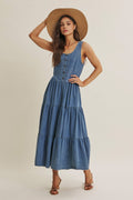 Summer Roadtrip Sustainable Denim Tiered Midi Dress by Boutique 23