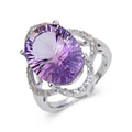 8.26 Ct Oval Purple Amethyst and White Topaz Prong Silver Concave Statement Ring by Fine Color Jewels