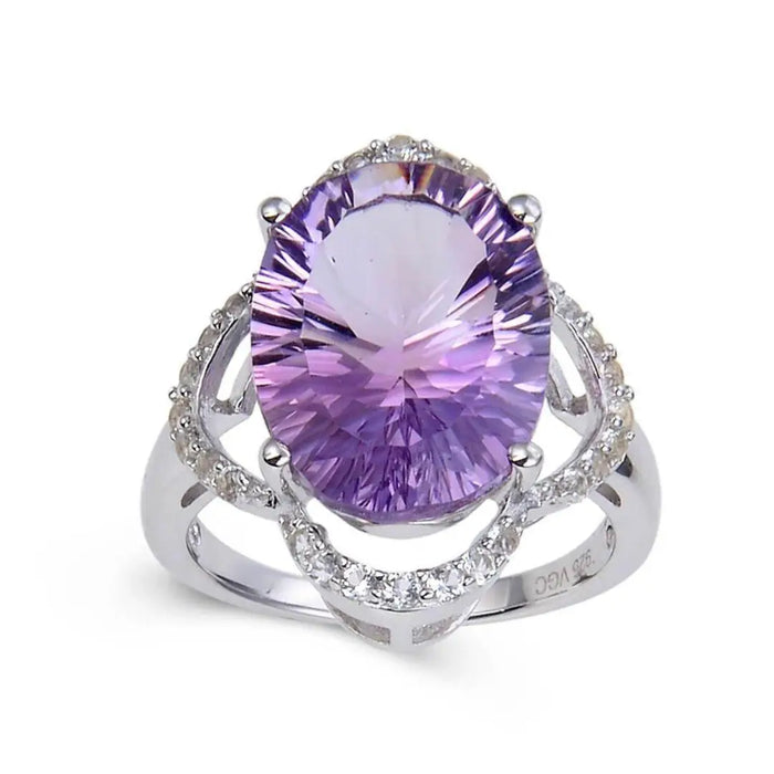 8.26 Ct Oval Purple Amethyst and White Topaz Prong Silver Concave Statement Ring by Fine Color Jewels