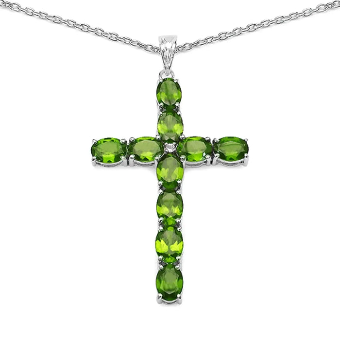 8.30 Ct Oval Green Peridot Prong Silver Cross Pendant Necklace by Fine Color Jewels