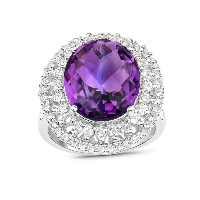 8.41 Ct Oval Purple Amethyst and White Topaz Prong Silver Halo Bold Statement Ring by Fine Color Jewels