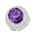 8.41 Ct Oval Purple Amethyst and White Topaz Prong Silver Halo Bold Statement Ring by Fine Color Jewels