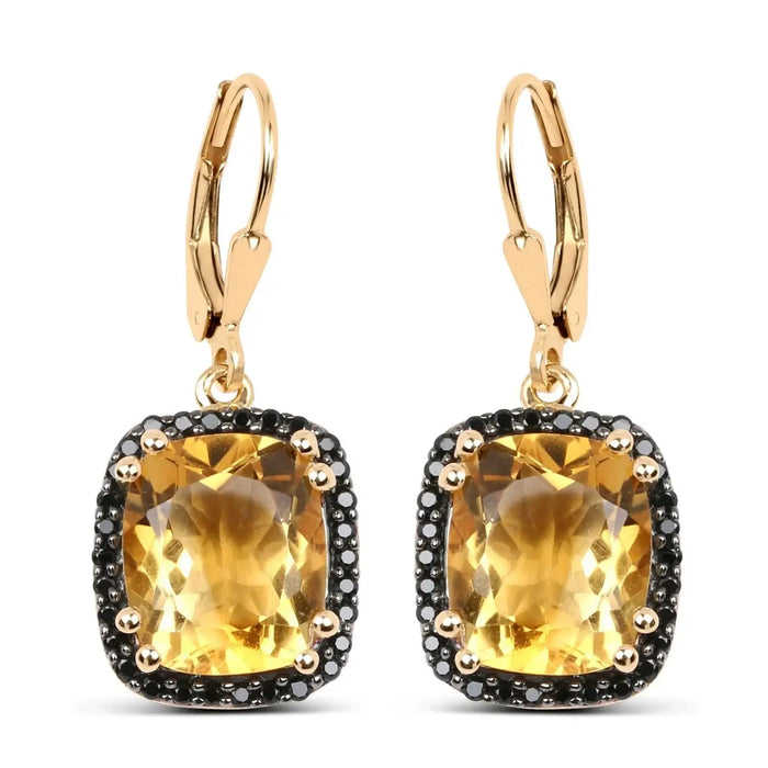 8.90 Ct Yellow Citrine & Black Spinel Prong Silver Leverback Dangle Earrings by Fine Color Jewels