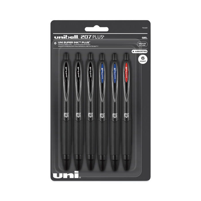 uniball 207 Plus+ Gel Pen, Retractable, Medium 0.7 mm, Assorted Ink Colors, Black Barrel, 6/Pack