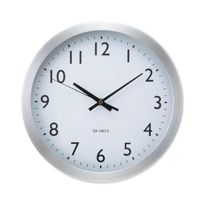 Universal Brushed Aluminum Wall Clock, 12" Overall Diameter, Silver Case, 1 AA (sold separately)