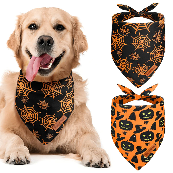 Awumbuk Halloween Dog Bandanas 2 Pack Reversible Pumpkin Spider Web Black by Deal US