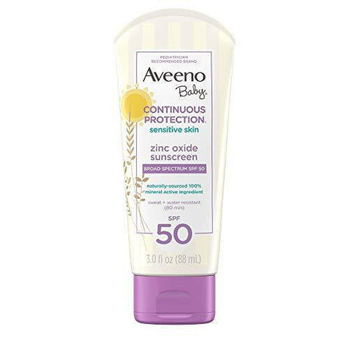 Aveeno Baby Continuous Protection Zinc Oxide Mineral Sunscreen Lotion For Sensitive Skin, Broad Spectrum SPF 50, Tear-Free, Sweat- & Water-Resistant, Paraben-Free, Travel-Size, 3 Fl. Oz by Pasteur Pharmacy