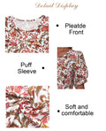 Uhiger Womens Summer Pleated Puff Sleeve Top Crewneck White Orange Flower Size S by Deal US