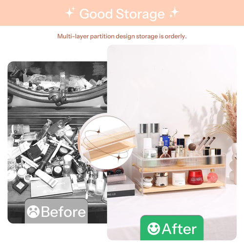 KAOTGOT Pine Wood Acrylic Makeup Organizer with Brush & Lipstick Holder by Deal US