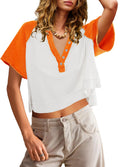ReachMe Womens Color Block Crop Top V Neck Orange Basic Tee Size L by Deal US