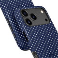 Navy Blue Polka Dot Case for iPhone 17 Pro Glossy Hybrid Hard Shell Scratch Resistant Cover by Merch Section