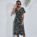 HEBELD Womens Midi Floral V Neck Wrap Dress Elastic Waist Black Size M by Deal US