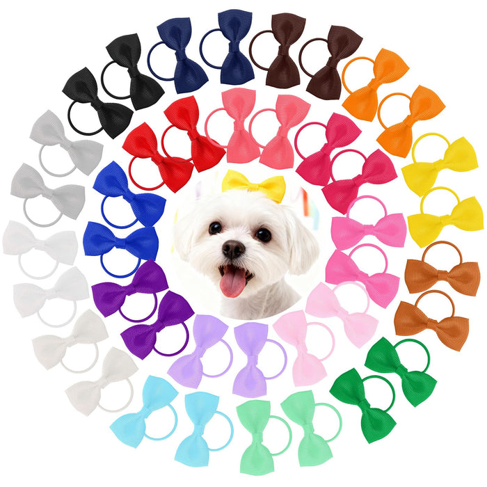 HJZHII 40 Pcs Dog Hair Bows with Rubber Bands, Puppy Dogs Hair Barrettes Bows Mix Colors Small Pet Hairs Bow Pet Grooming Bow for Hairs Costume Accessories