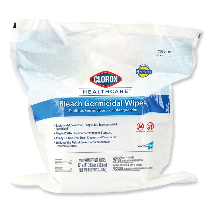 Clorox Bleach Germicidal Wipes, 12 x 12, Unscented, 110/Bag
