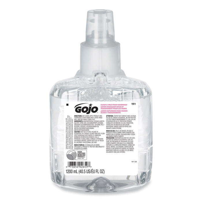 GOJO Clear and Mild Foam Handwash Refill, For GOJO LTX-12 Dispenser, Fragrance-Free, 1,200 mL Refill, 2/Carton