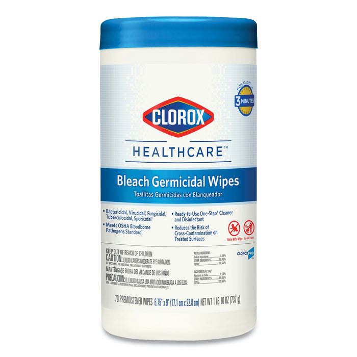 Clorox Bleach Germicidal Wipes, 6.75 x 9, Unscented, 70/Canister
