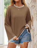 ZESICA Women's Oversized Ribbed Knit Sweater Crewneck Brown Size S by Deal US
