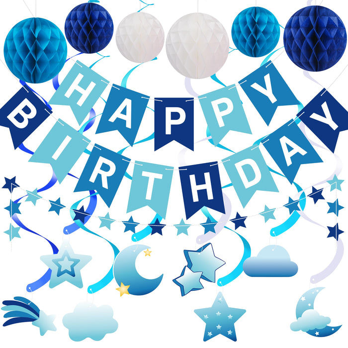 Crosize Blue Birthday Decorations Kit Pre-Strung Banner Tissue Poms Star Garland by Deal US