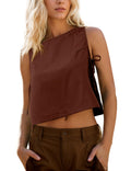 MSBESYOR Women Cotton Linen Crop Tank Top Sleeveless Tie Side Brown Size M by Deal US