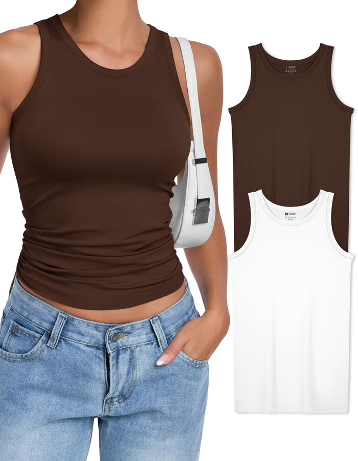 OLCHEE Womens 2PK High Neck Seamless Tank Tops White Brown Size L by Deal US