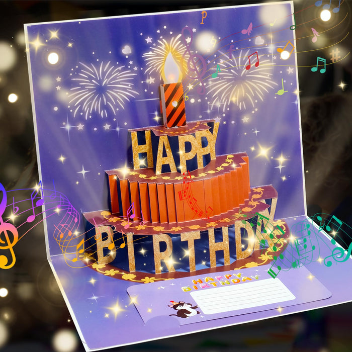CANREVEL 3D Pop Up Fireworks Birthday Card LED Music Orange Cake Color by Deal US