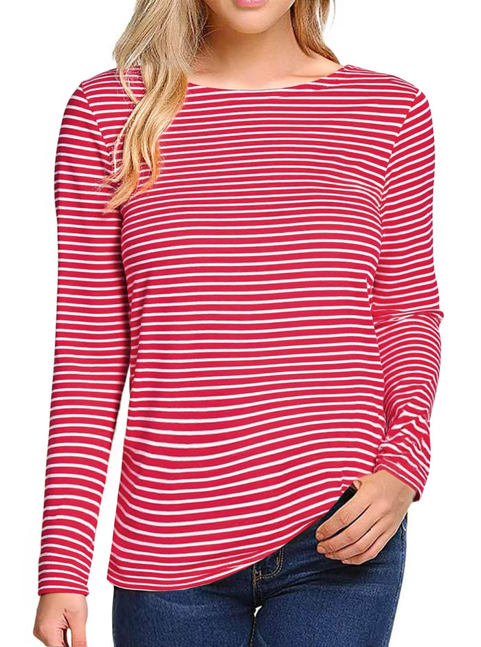 LilyCoco Womens Striped Long Sleeve Boat Neck Shirt Red Size M by Deal US