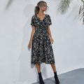 HEBELD Womens Midi Floral V Neck Wrap Dress Elastic Waist Black Size M by Deal US
