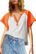 ReachMe Womens Color Block Crop Top V Neck Orange Basic Tee Size L by Deal US