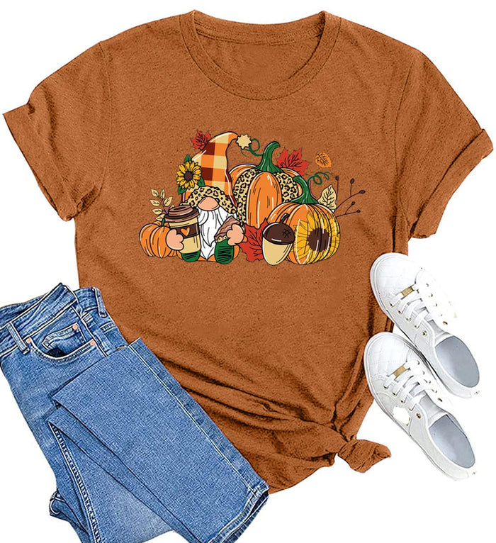 MAIHUN Womens Thanksgiving Shirt Cute Gnomes Pumpkin Fall Short Sleeve Size S by Deal US