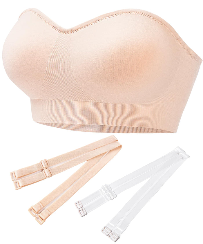 PRETTYWELL Strapless Padded Bandeau Bra Wireless Seamless Beige Size M by Deal US