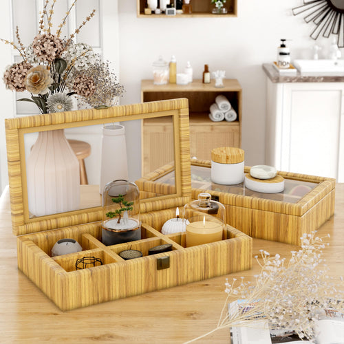 Fllamo Rattan Storage Box with Lid 6 Compartments Brown 11.8x7.8x3in by Deal US