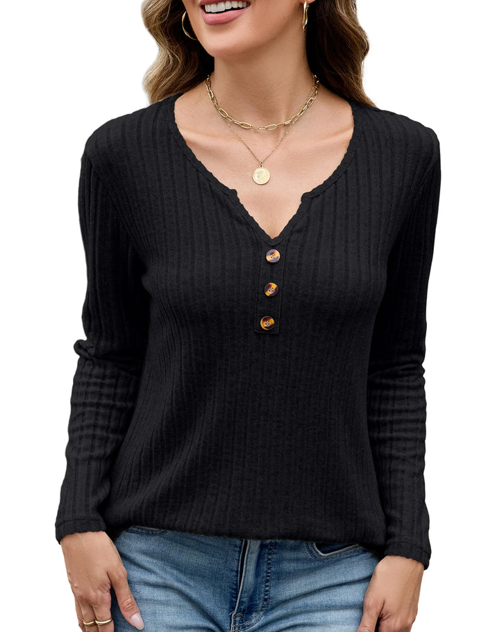 Edelqual Womens Long Sleeve Henley V Neck Sweater Black Size M by Deal US