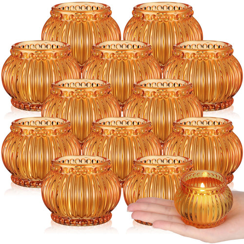 Mumufy 12 Pcs Orange Pumpkin Glass Votive Candle Holders Thanksgiving Decor by Deal US