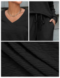Amoretu Women's Lounge Set V Neck Top Wide Leg Drawstring Pants Black Size L by Deal US