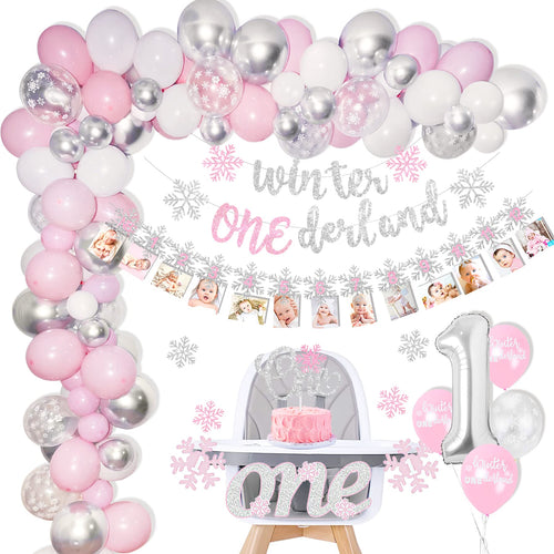 Shempeium Winter Onederland 1st Girl Banner Snowflake Pink Garland by Deal US