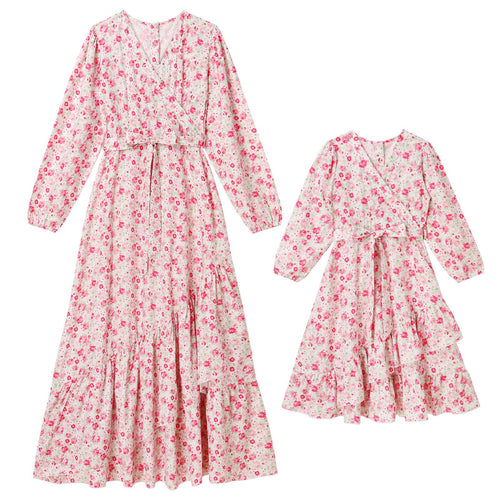 AWIBMK Mommy and Me Floral Boho A-Line V Neck Long Sleeve Dress Blue Pink Size L by Deal US