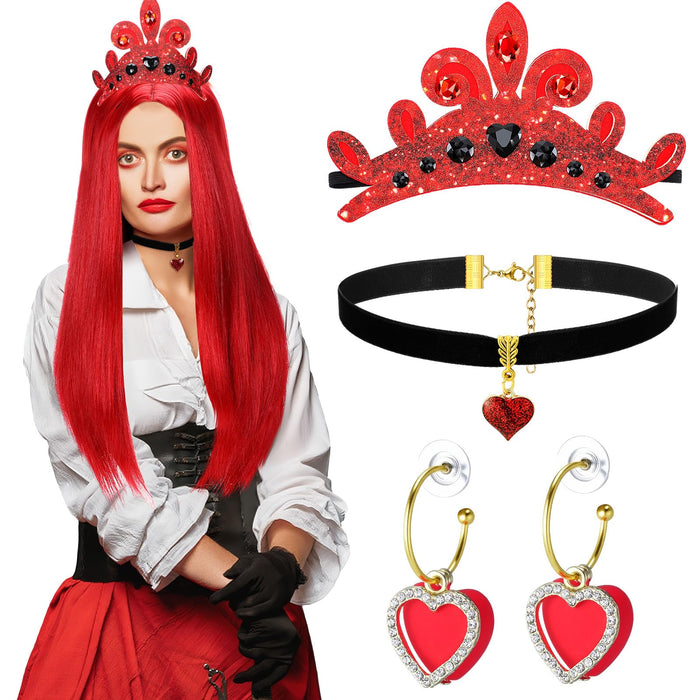 XunYee Halloween Queen Costume Set Red Wig Crown Choker Earrings 60x90cm by Deal US