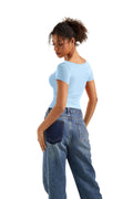 SUUKSESS Women Off Shoulder Cowl Neck Short Sleeve Top Light Blue Size M by Deal US