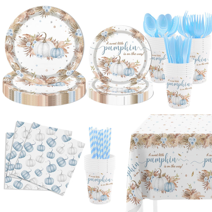 MEHOFOND Blue Pumpkin Baby Shower Party Supplies 193 Pcs Tableware Set by Deal US
