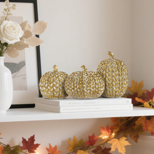 winemana Fall Decorations Set of 3 Gold White Resin Pumpkins Woven Design by Deal US