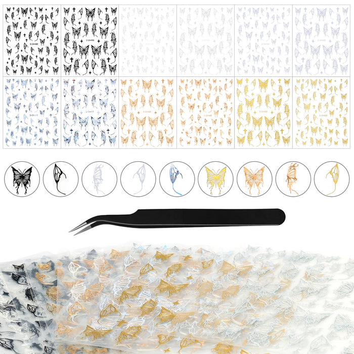 Kikonoke 12 Sheets Laser Butterfly Nail Stickers White Silver Gold 3D Decals by Deal US
