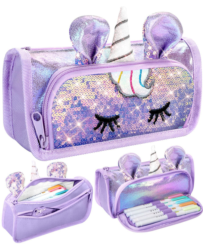 LISEVO 3D Sparkly Pencil Case Purple Cute Sequin Pencil Pouch Girls Kids by Deal US
