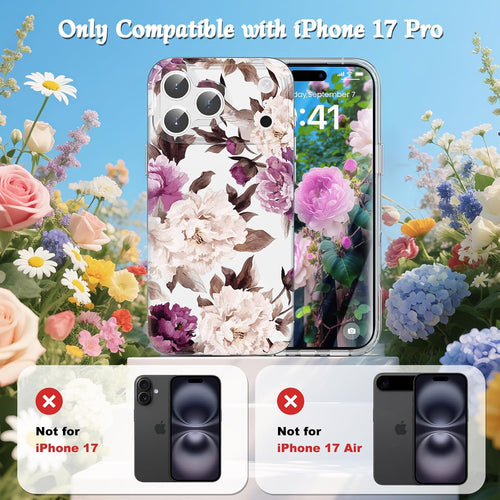 Floral Pattern Case for iPhone 17 Pro 6.3" Rose Shockproof Clear Hard Back Cover by Merch Section