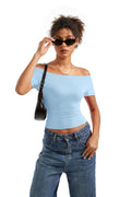 SUUKSESS Women Off Shoulder Cowl Neck Short Sleeve Top Light Blue Size M by Deal US